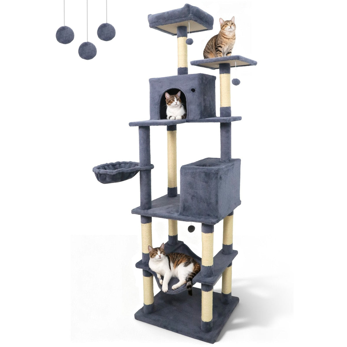 80 Inch Dark Grey Cat Tree with Two Condos, a Hammock and a Turning Basket