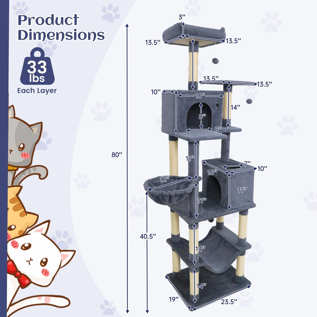 80 Inch Dark Grey Cat Tree with Two Condos, a Hammock and a Turning Basket