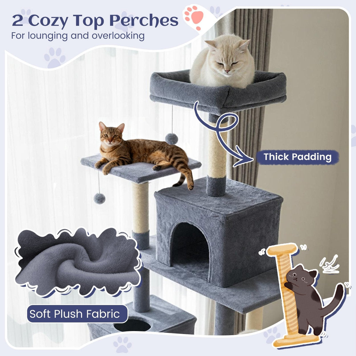 80 Inch Dark Grey Cat Tree with Two Condos, a Hammock and a Turning Basket