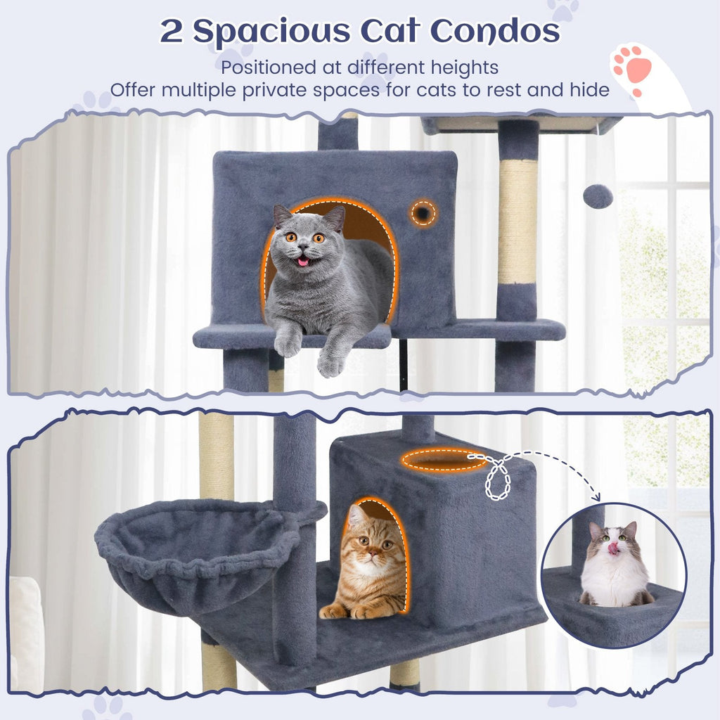 80 Inch Dark Grey Cat Tree with Two Condos, a Hammock and a Turning Basket