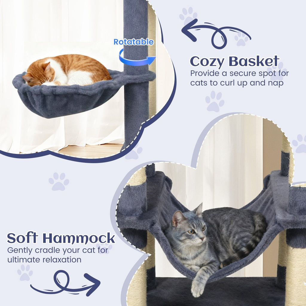 80 Inch Dark Grey Cat Tree with Two Condos, a Hammock and a Turning Basket