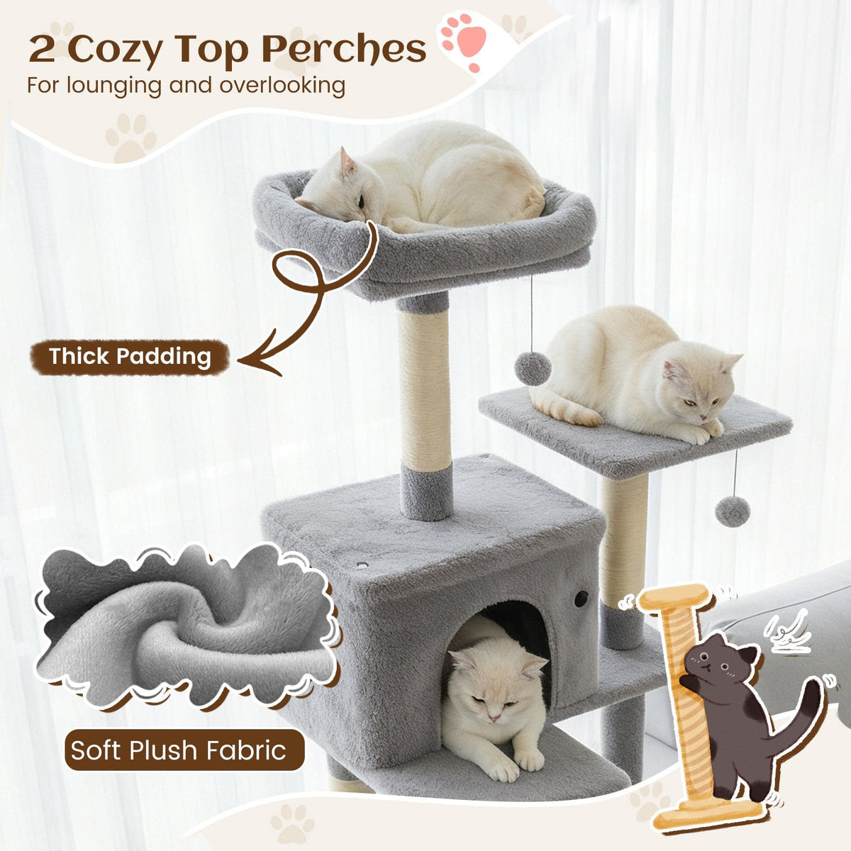 80 Inch Light Grey Cat Tree with Two Condos, Two Perches and a Hammock