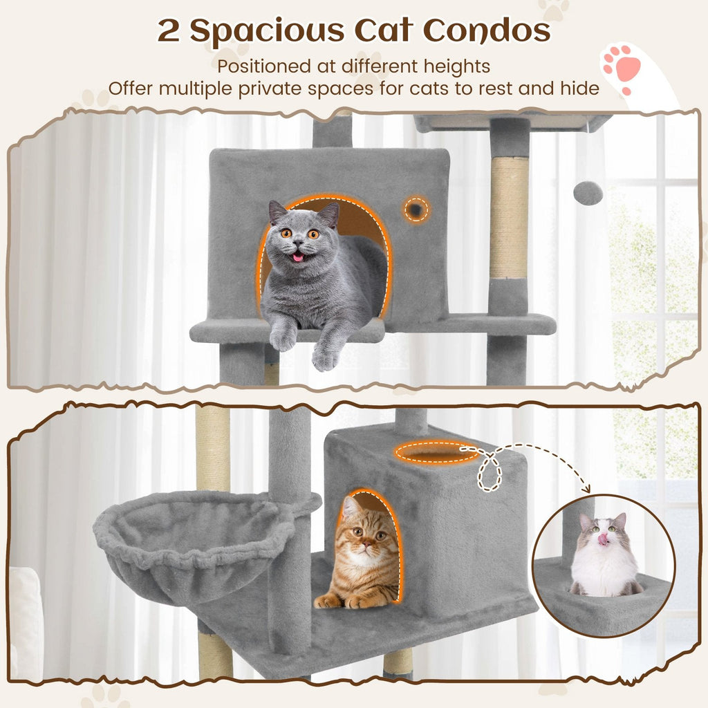 80 Inch Light Grey Cat Tree with Two Condos, Two Perches and a Hammock
