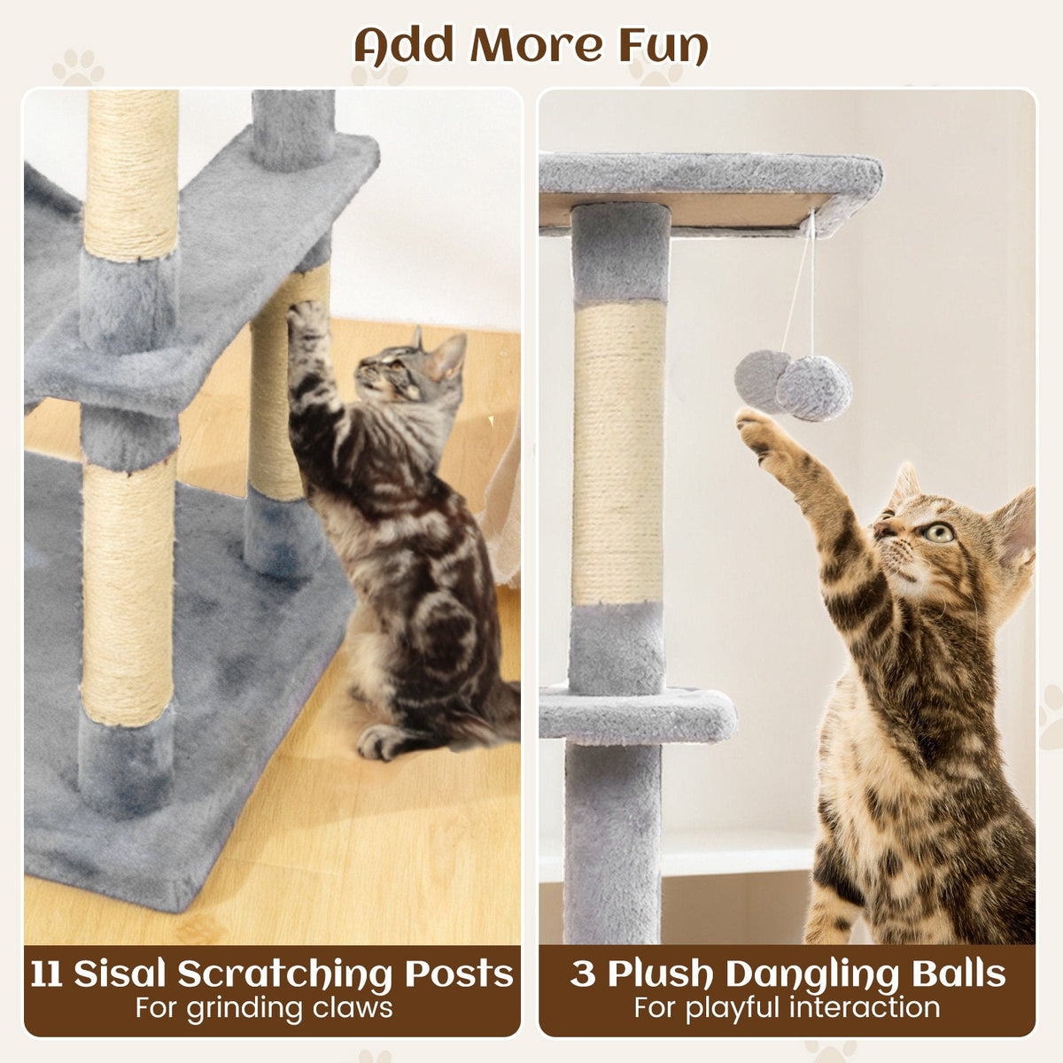 80 Inch Light Grey Cat Tree with Two Condos, Two Perches and a Hammock