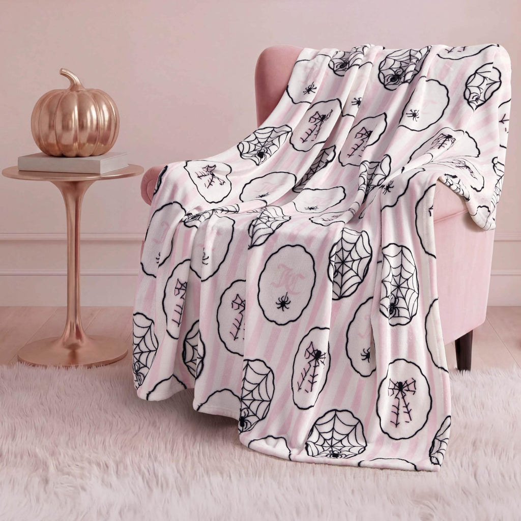Juicy Couture Spider Stripe Halloween Plush Throw Blanket, Soft Polyester Decorative Throw for Sofa or Bed, Light Pink, 50"x60"
