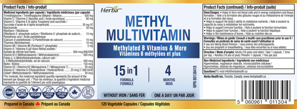 Herba Methylated Multivitamin with 500mg TMG & Methylated B Complex - 120 Capsules | 15 in 1 Formula | B Complex Vitamins for Women & Men including Methyl Folate Supplement | Vegan | Made in Canada 🍁 All In One Marketplace Canada