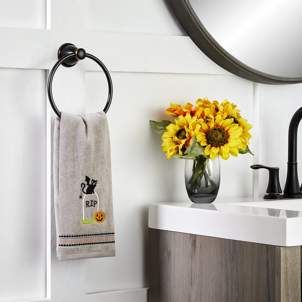 SKL Home Halloween Graveyard Cat Hand Towel 2pc Set for Bath/Kitchen/Bar & Gift, Gray