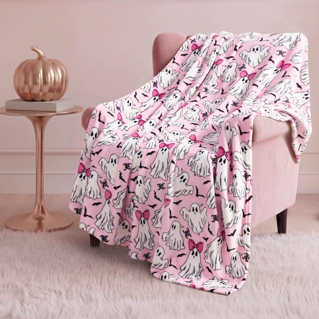 Juicy Couture Girly Ghosts Halloween Plush Throw Blanket, Soft Polyester Decorative Throw for Sofa or Bed, Light Pink, 50"x60"