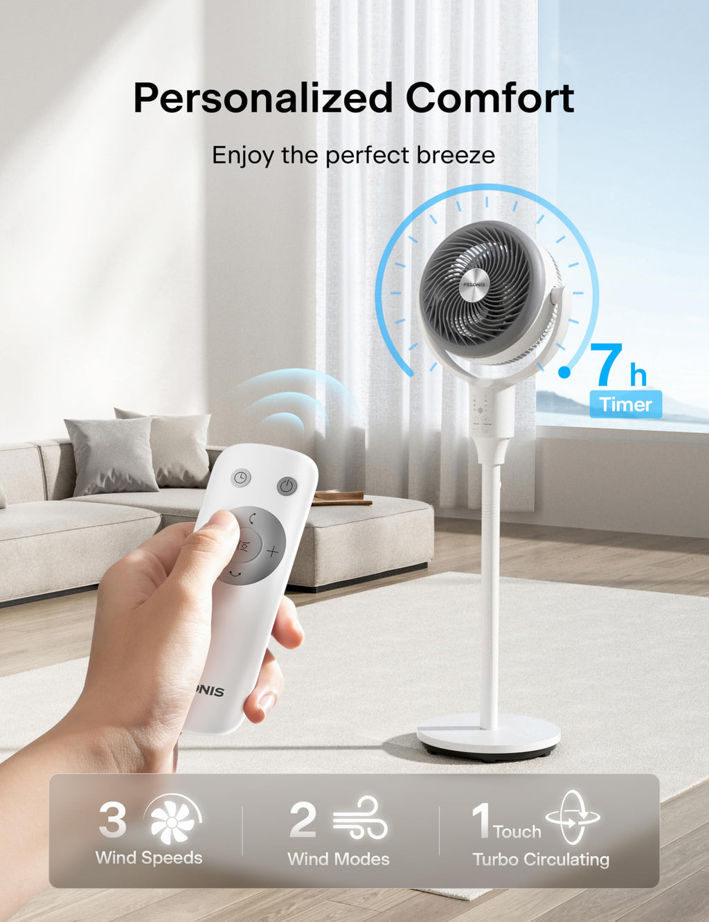 PELONIS Pedestal Fan, Air Circulator, Ultra OmniFlow (135°+90°Auto Oscillation), Quiet Floor Fan with 3 Speeds, Remote, 7H Timer, Memory Function, Adjustable Height, Standing Fan for Bedroom 🍁 All In One Marketplace Canada