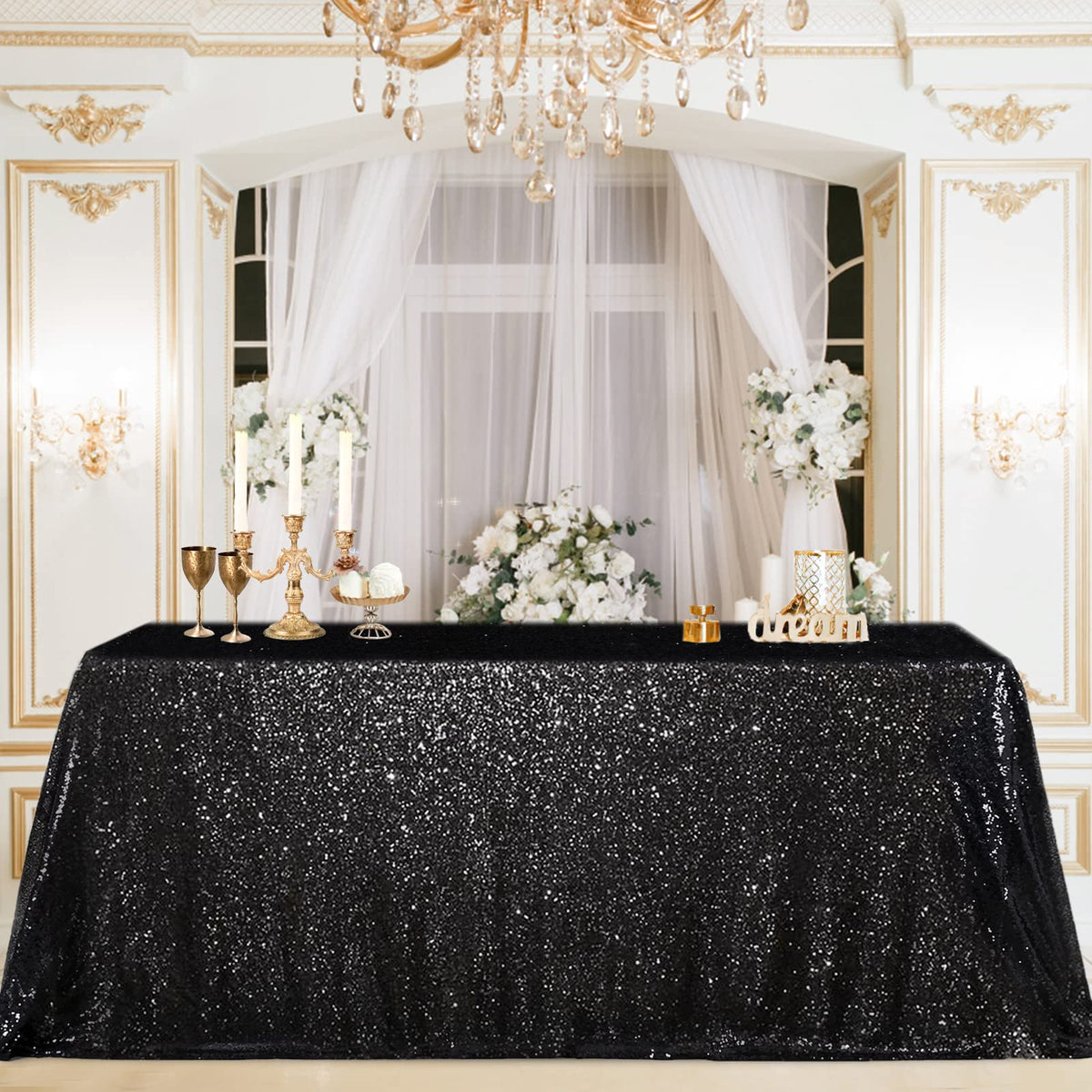 B-Cool 60x102-inch Black Sequin Table Linens Halloween Tablecloth Seamless Glitter Tablecloth Wedding Sequin Tablecloth