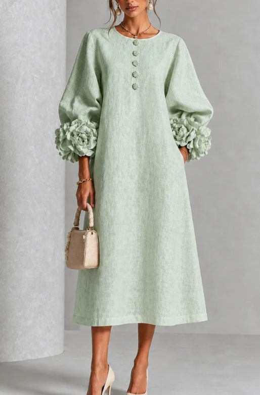 Women’s 3D Floral A-Line Dress – Puff Sleeve French-Style Party & Wedding Dress