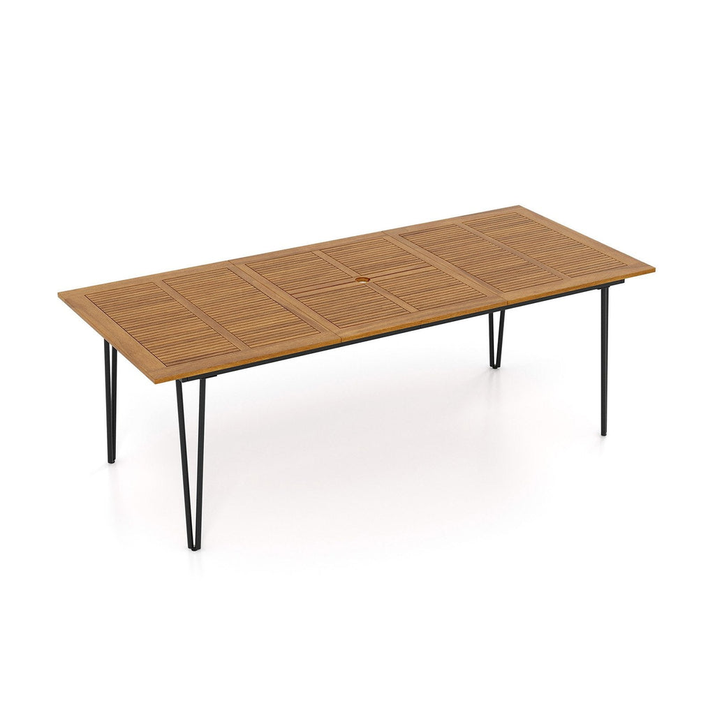 86.5 Inch Rectangular Patio Dining Table for 8 with Acacia Wood Tabletop and Umbrella Hole