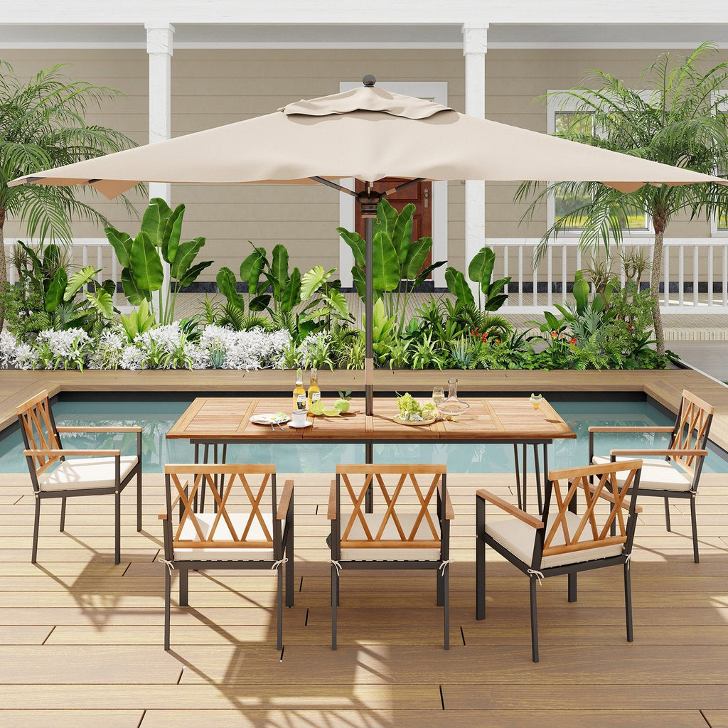 86.5 Inch Rectangular Patio Dining Table for 8 with Acacia Wood Tabletop and Umbrella Hole