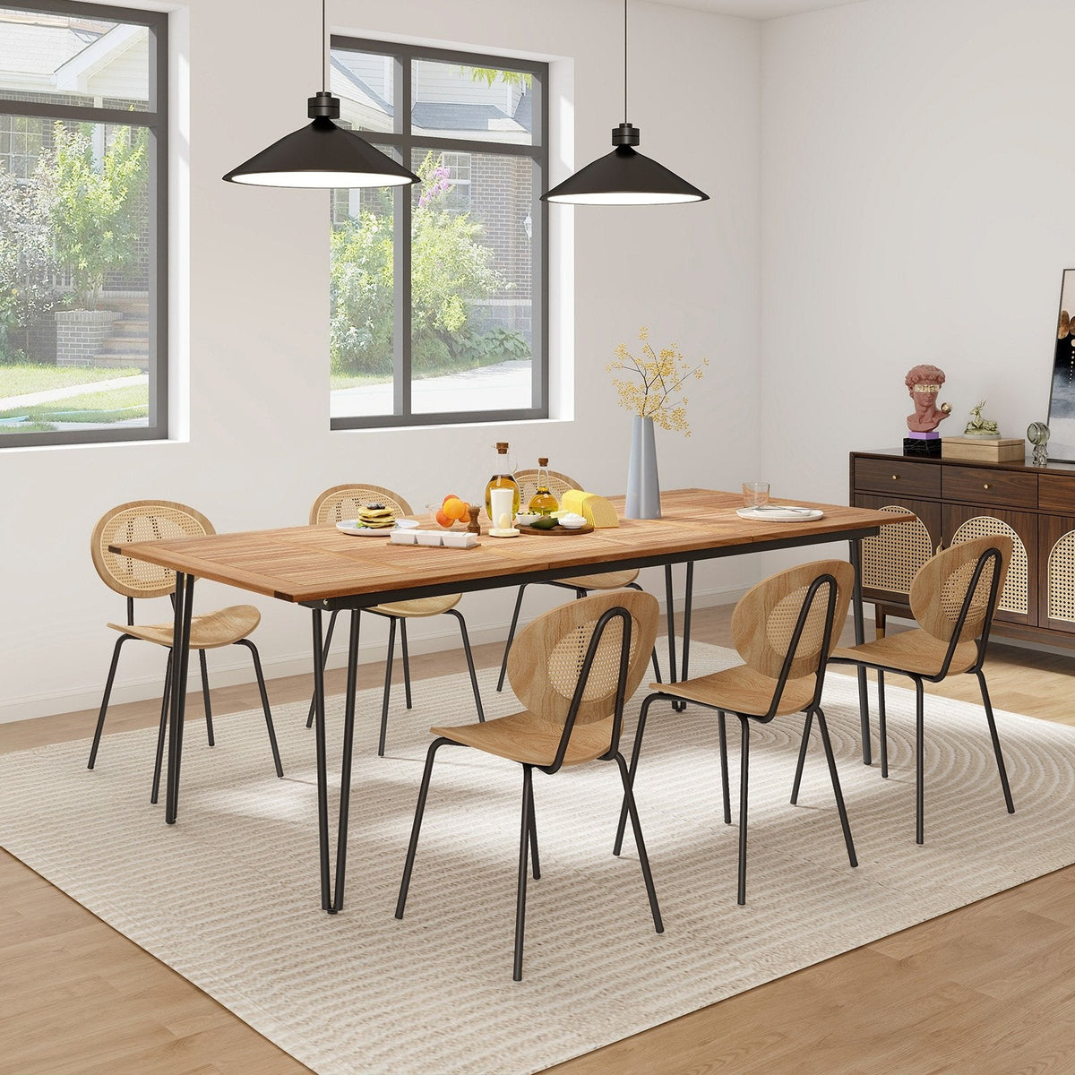 86.5 Inch Rectangular Patio Dining Table for 8 with Acacia Wood Tabletop and Umbrella Hole