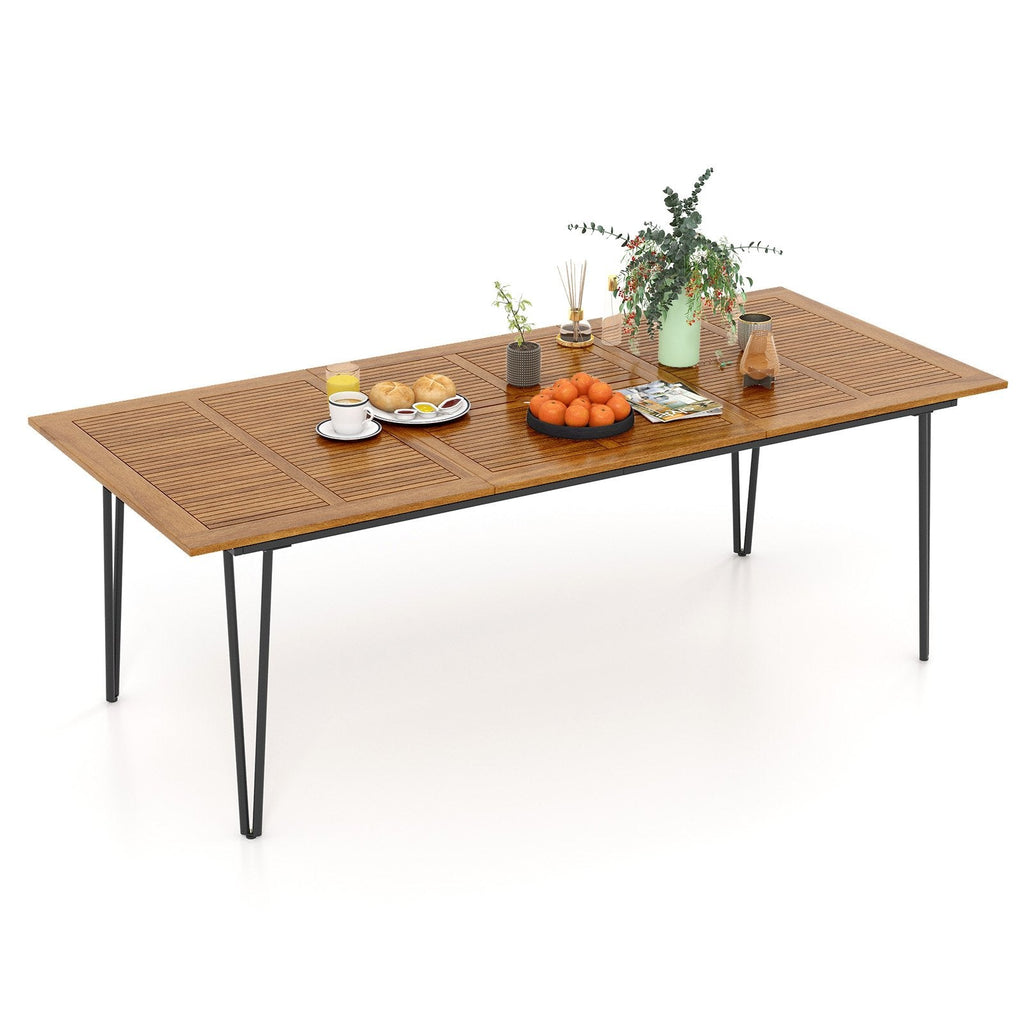 86.5 Inch Rectangular Patio Dining Table for 8 with Acacia Wood Tabletop and Umbrella Hole