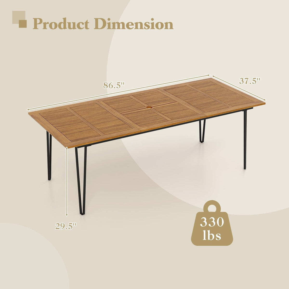 86.5 Inch Rectangular Patio Dining Table for 8 with Acacia Wood Tabletop and Umbrella Hole