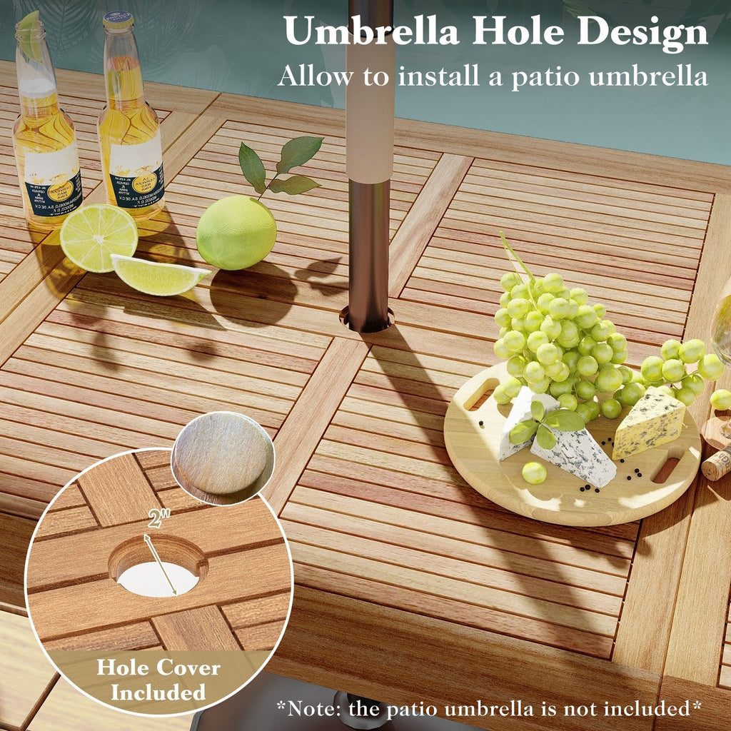 86.5 Inch Rectangular Patio Dining Table for 8 with Acacia Wood Tabletop and Umbrella Hole