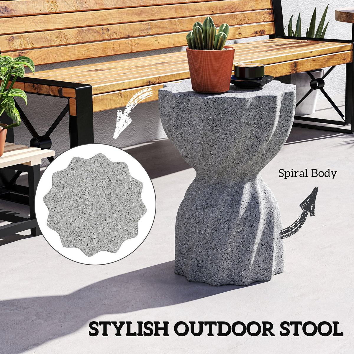 Spiral Decorative Garden Stool, Flower Top Outdoor Stool Side Table Plant Stand Footstool for Indoor Outdoor, Grey