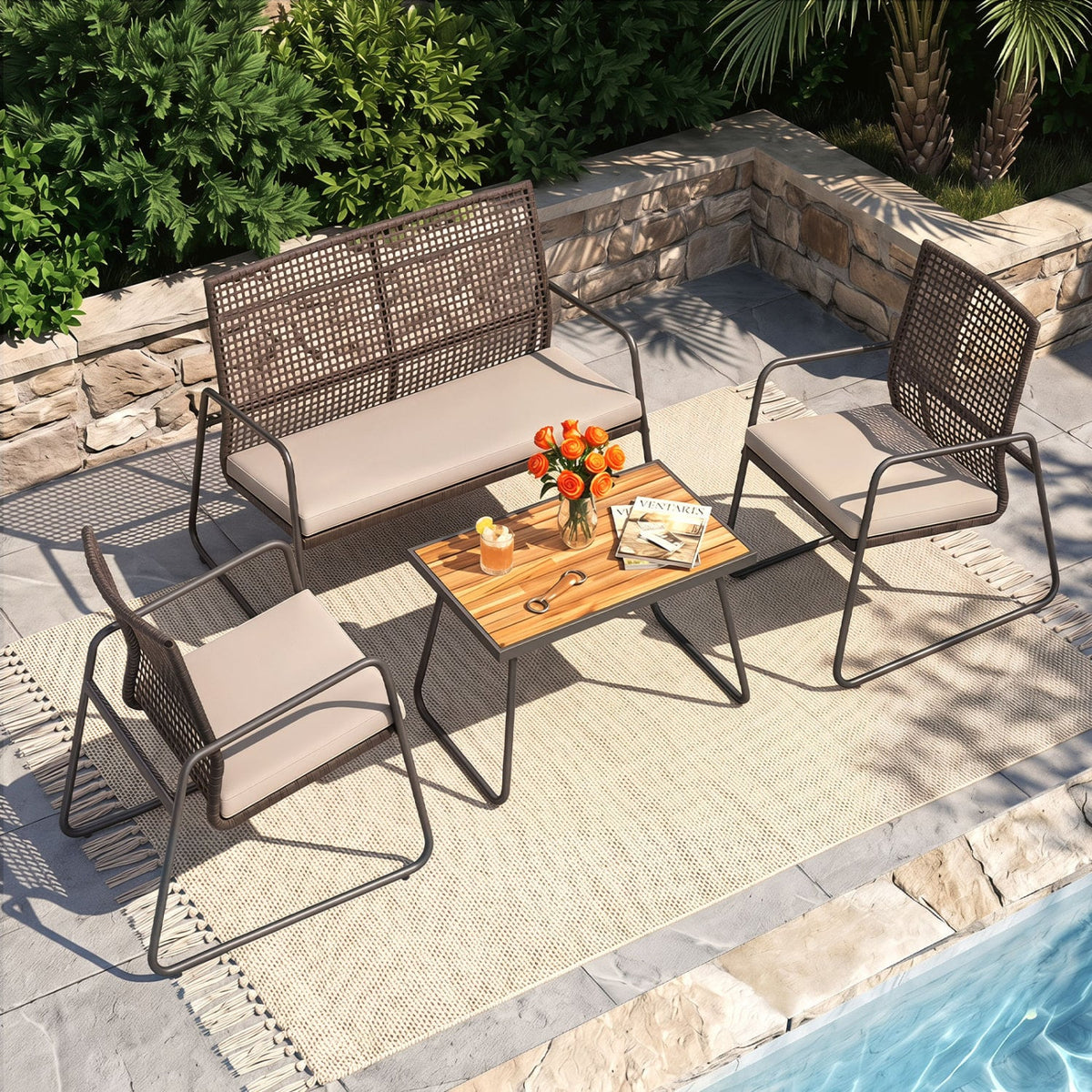 8 Piece Open Weave Wicker Patio Conversation Set with 2 Acacia Top Coffee Tables