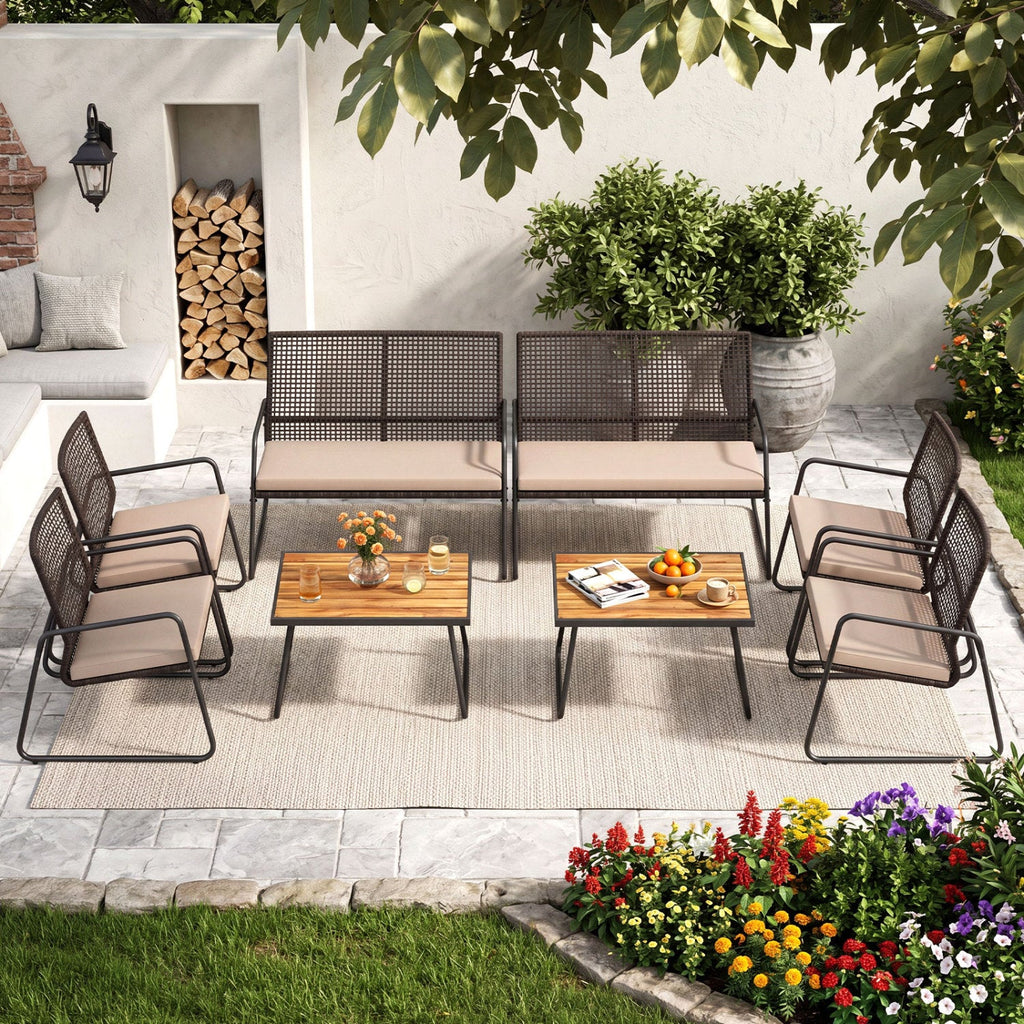 8 Piece Open Weave Wicker Patio Conversation Set with 2 Acacia Top Coffee Tables