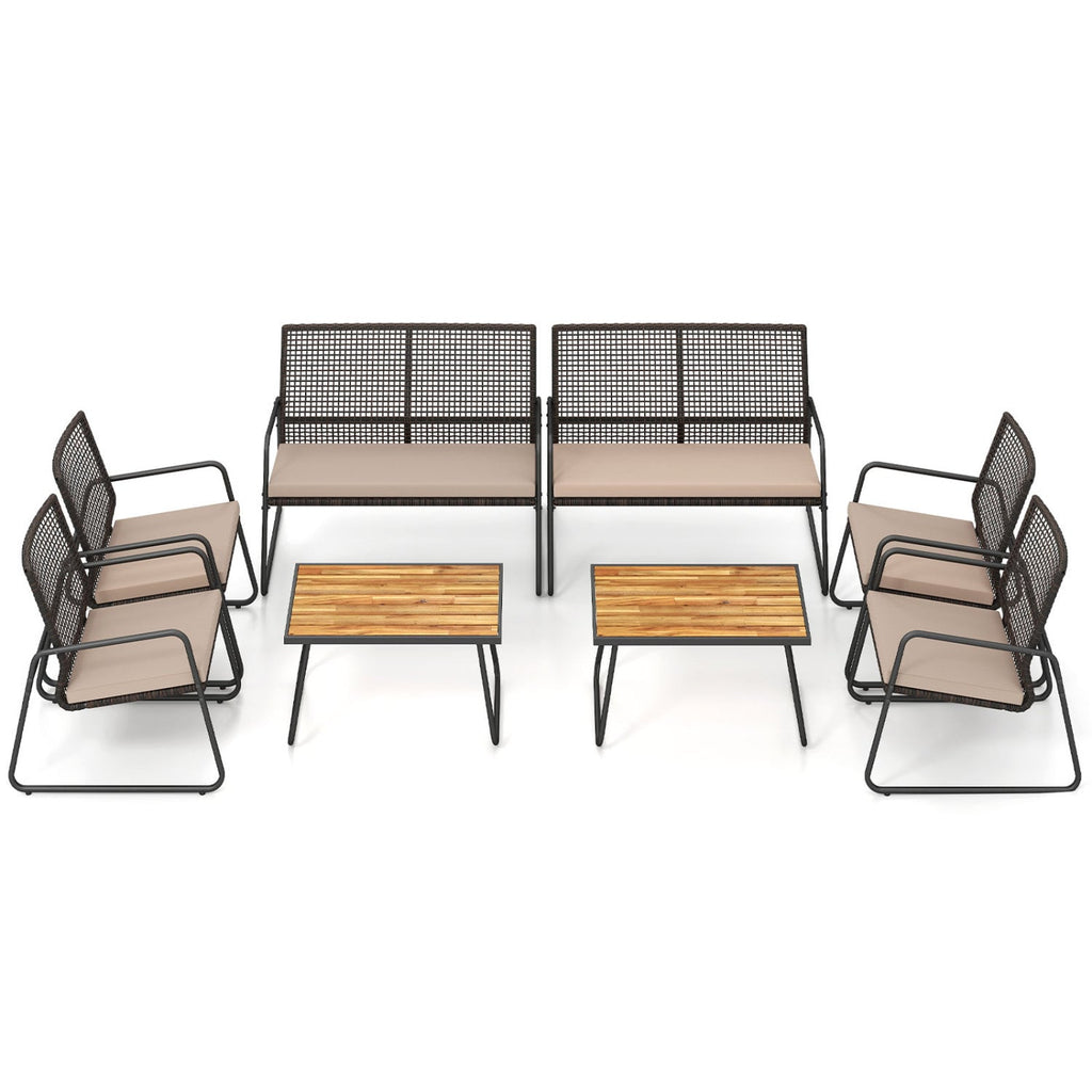 8 Piece Open Weave Wicker Patio Conversation Set with 2 Acacia Top Coffee Tables