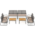 8 Piece Open Weave Wicker Patio Conversation Set with 2 Acacia Top Coffee Tables