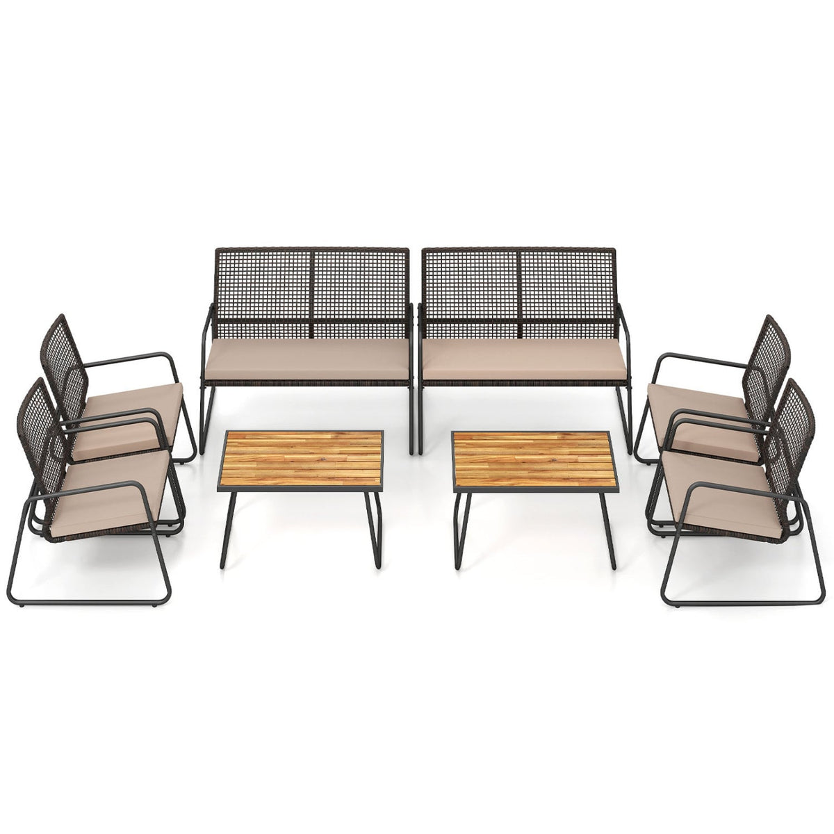 8 Piece Open Weave Wicker Patio Conversation Set with 2 Acacia Top Coffee Tables