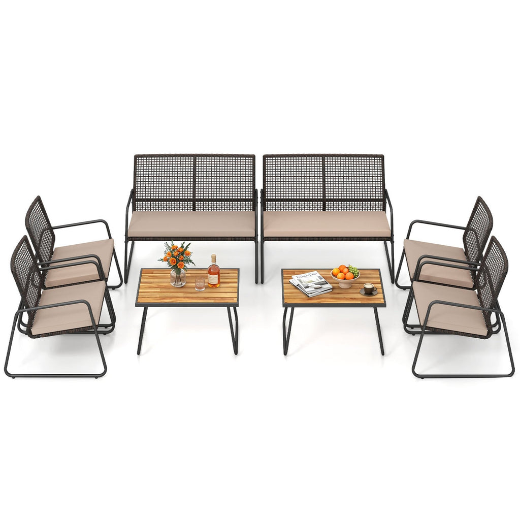 8 Piece Open Weave Wicker Patio Conversation Set with 2 Acacia Top Coffee Tables