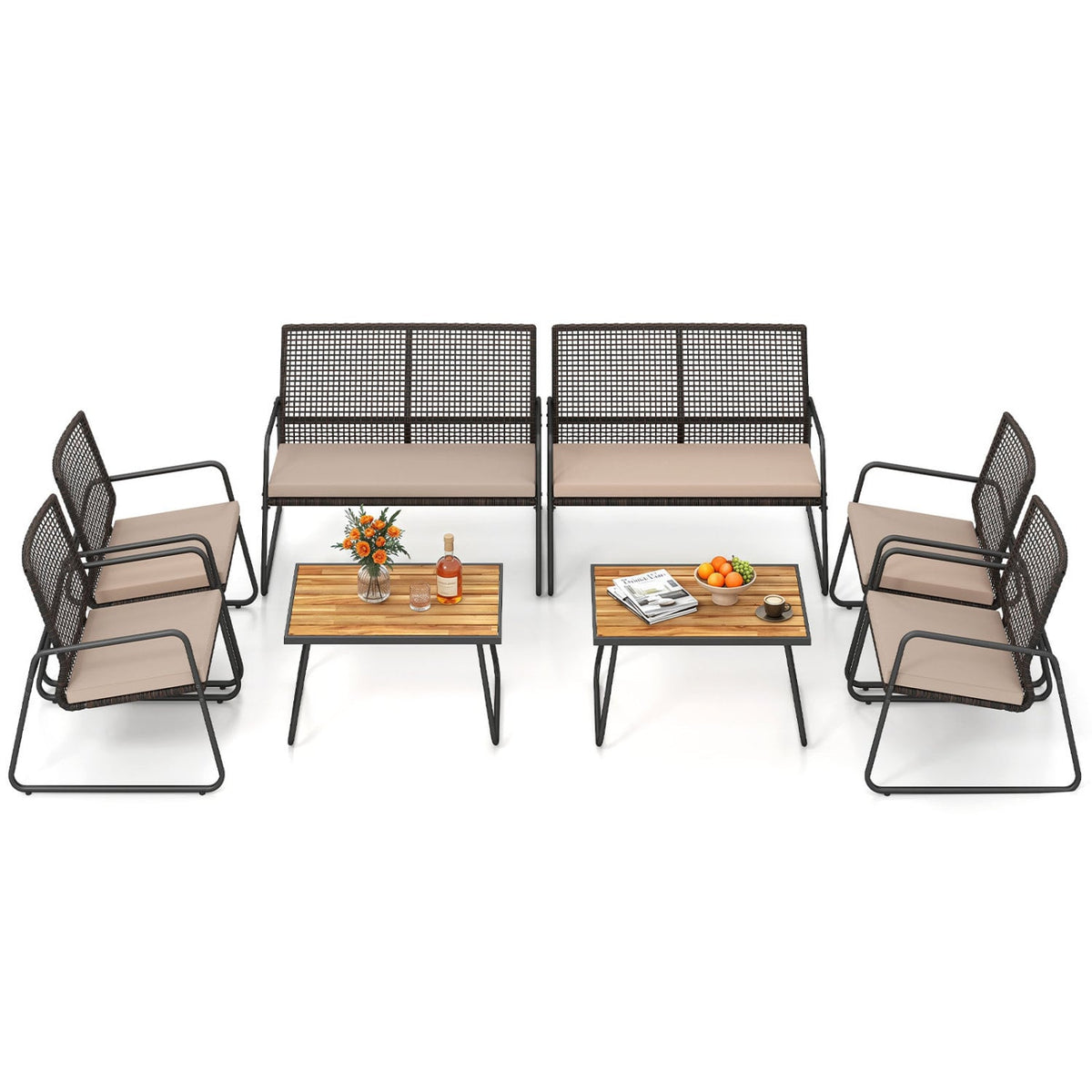 8 Piece Open Weave Wicker Patio Conversation Set with 2 Acacia Top Coffee Tables