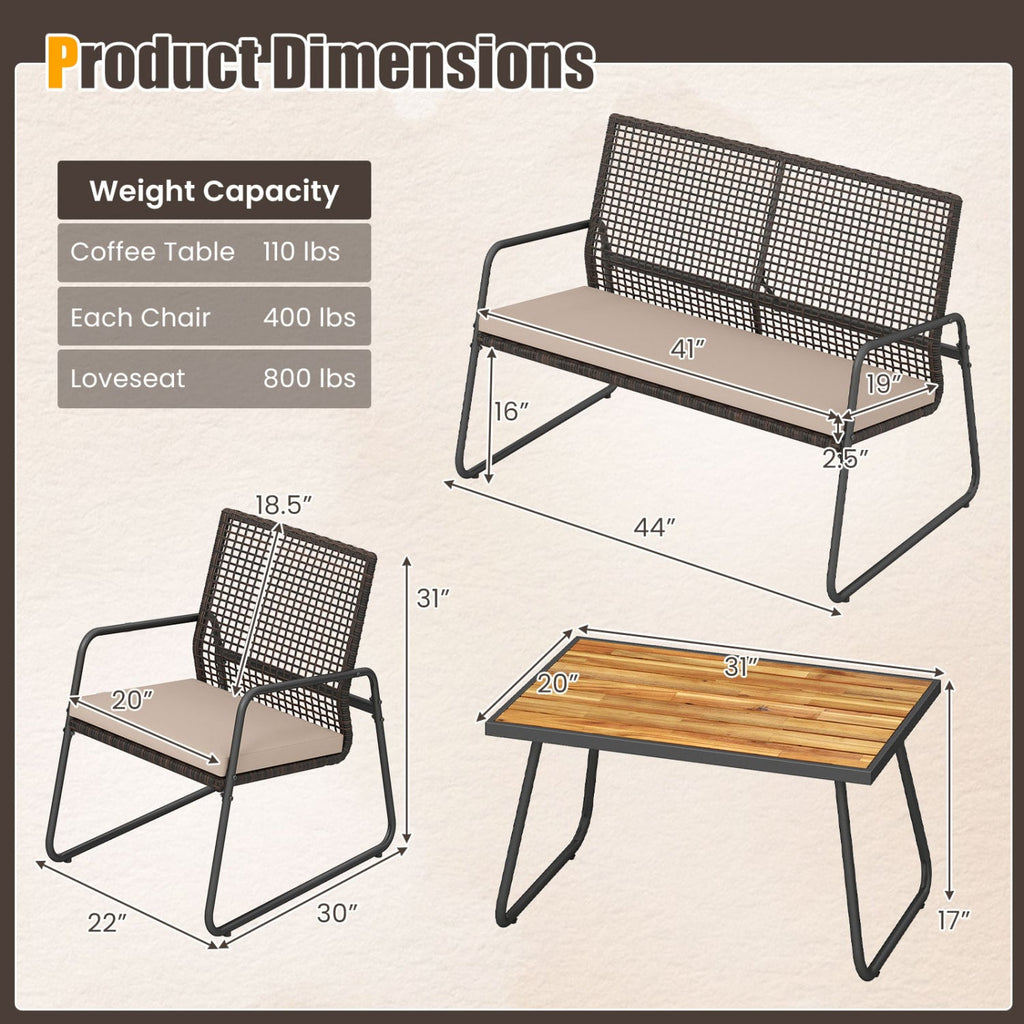 8 Piece Open Weave Wicker Patio Conversation Set with 2 Acacia Top Coffee Tables