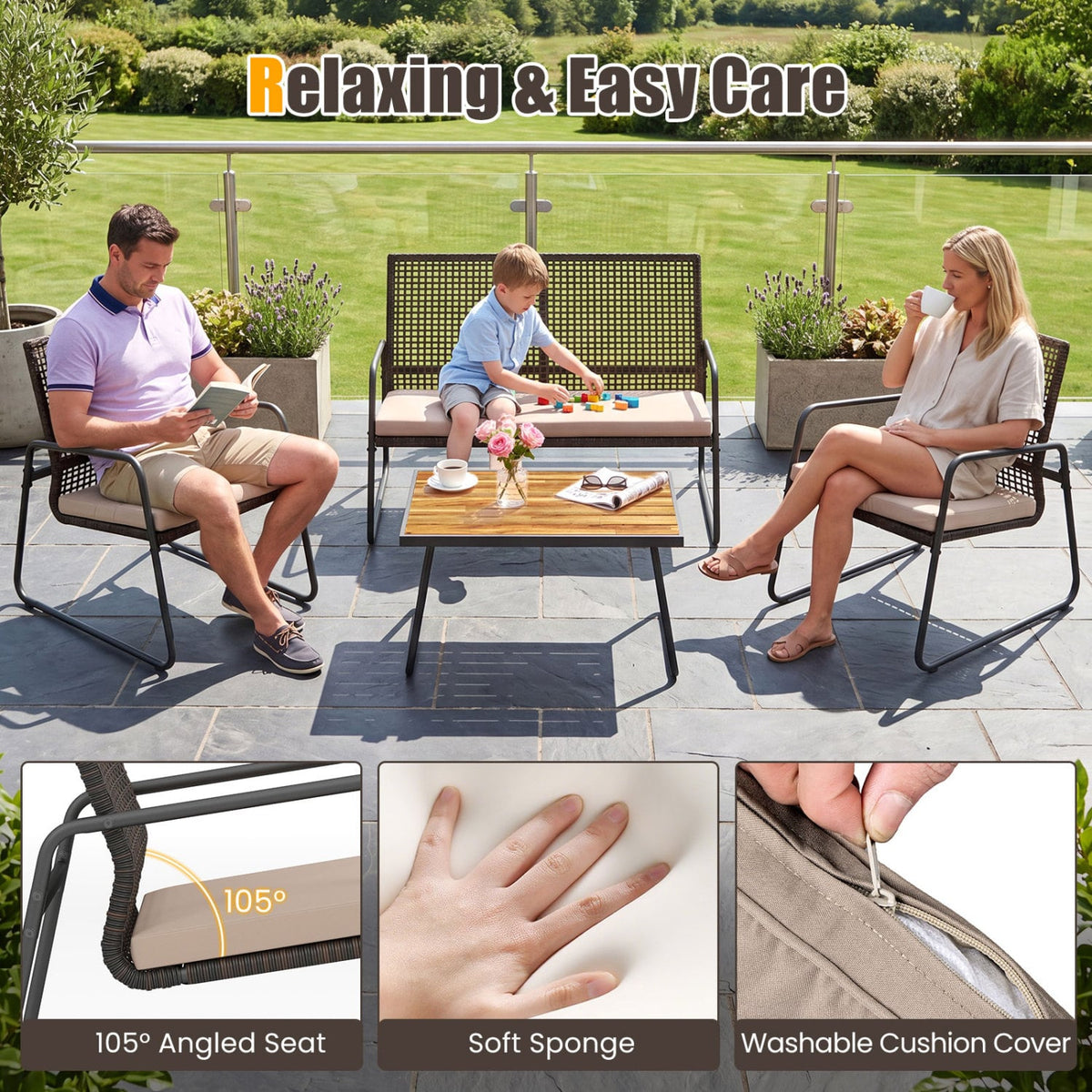 8 Piece Open Weave Wicker Patio Conversation Set with 2 Acacia Top Coffee Tables