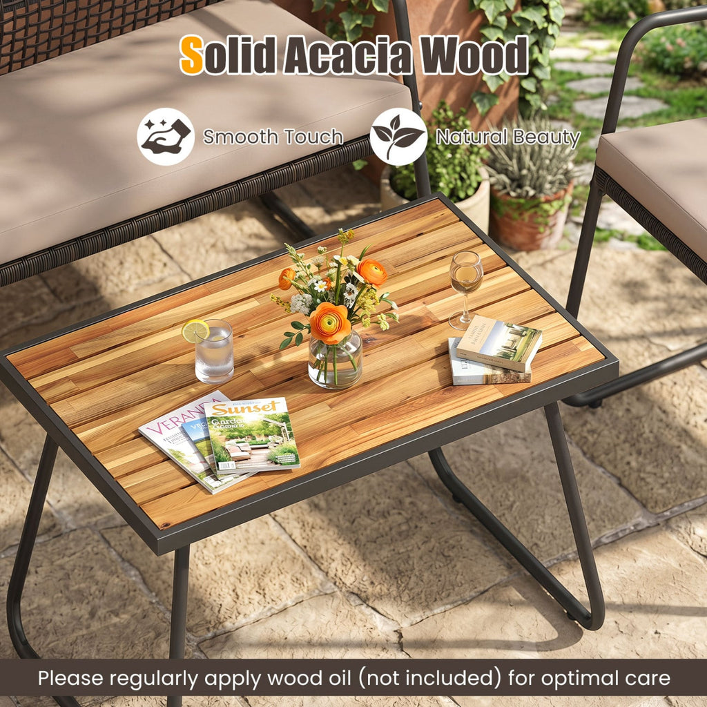 8 Piece Open Weave Wicker Patio Conversation Set with 2 Acacia Top Coffee Tables