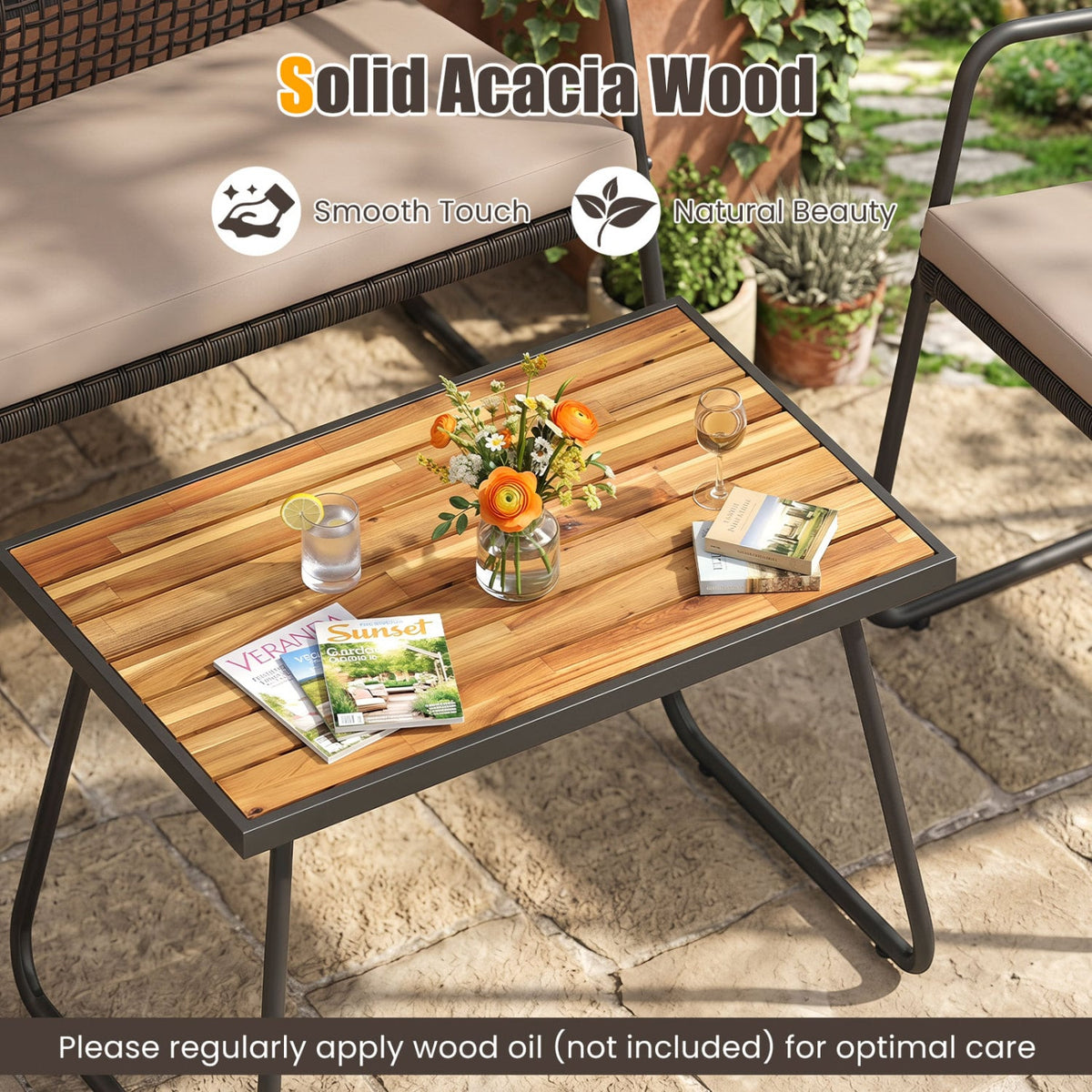 8 Piece Open Weave Wicker Patio Conversation Set with 2 Acacia Top Coffee Tables