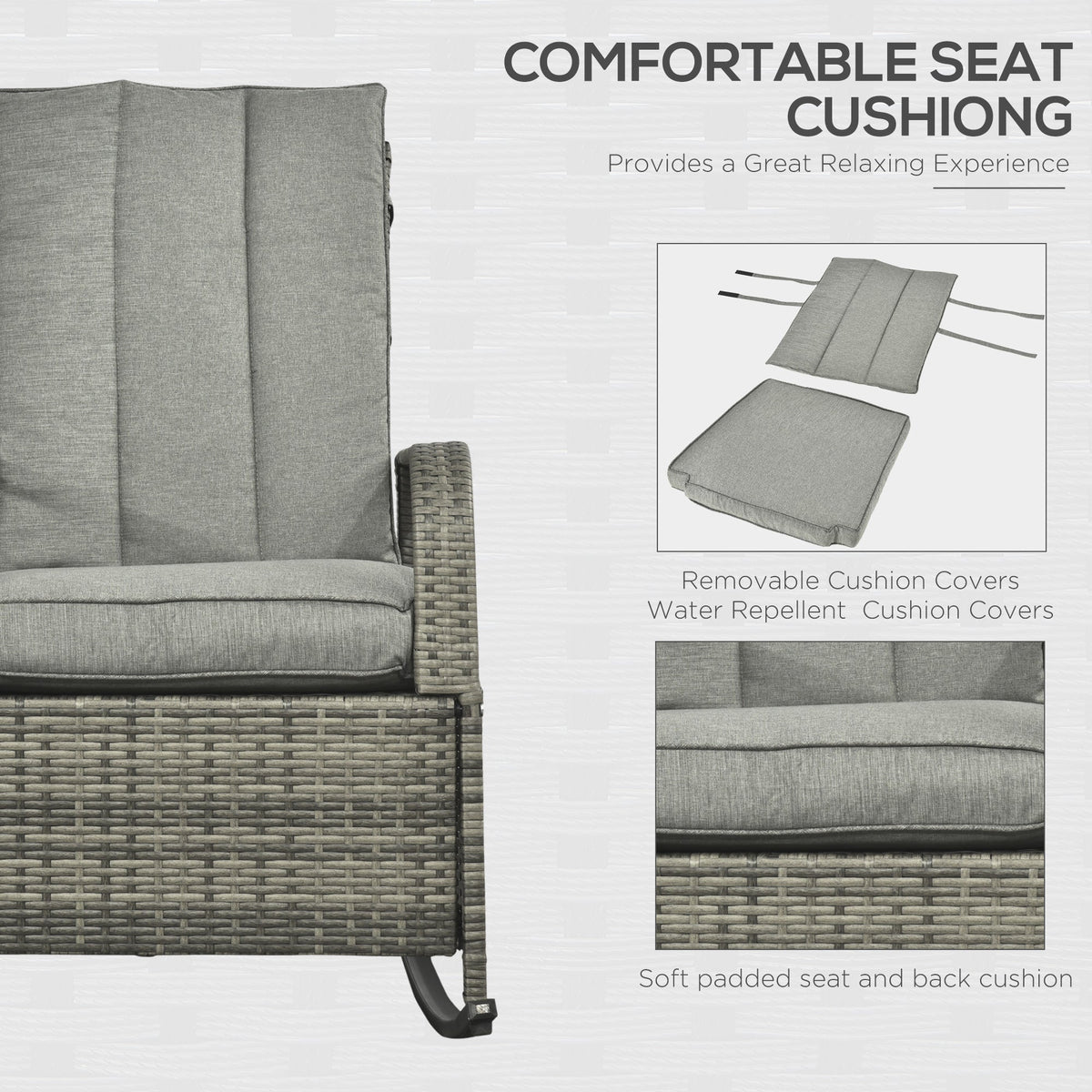 Outdoor Wicker Rocking Chair with Cushion, Patio PE Rattan Recliner Chair with Adjustable Footrest, Armrests, Dark Blue