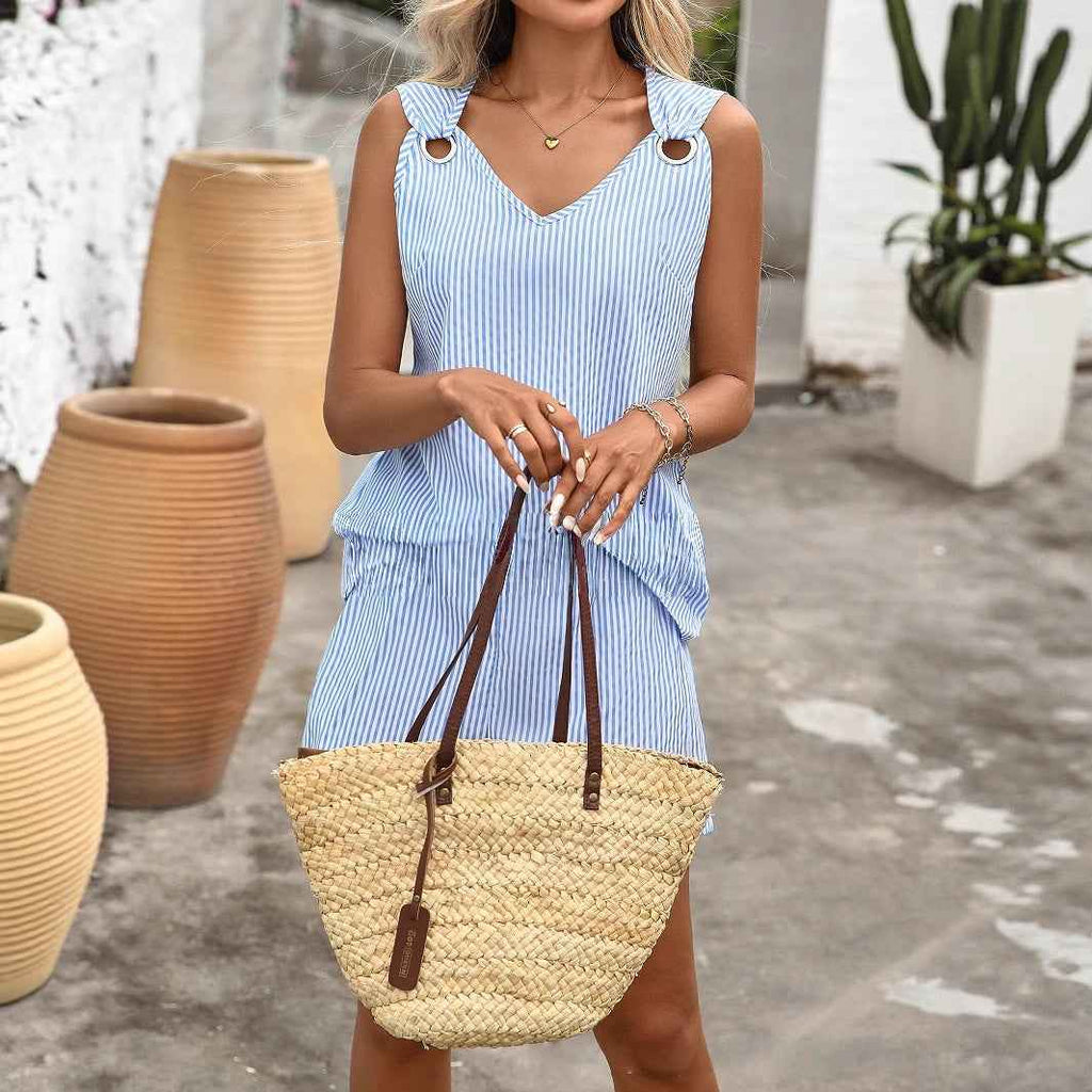 Women’s Summer Striped V-Neck Top & Shorts Set – Elegant Casual Two-Piece Outfit