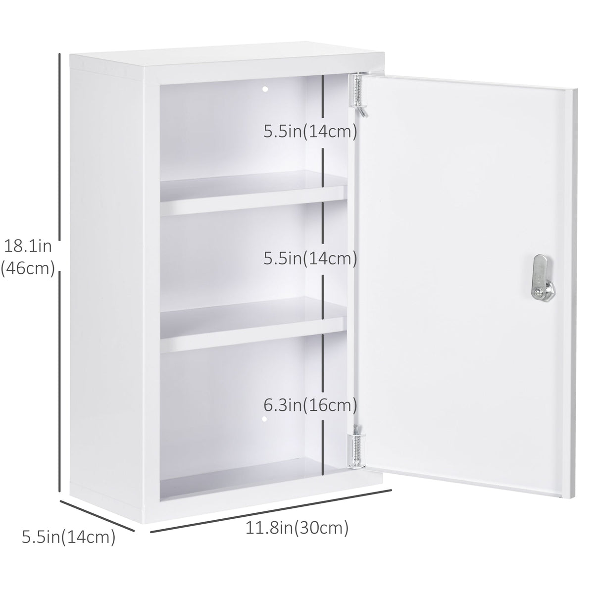 Lockable Medicine Cabinet, 3 Tier Steel Medical Wall Box with 2 Keys and Shelves for Bathroom, White