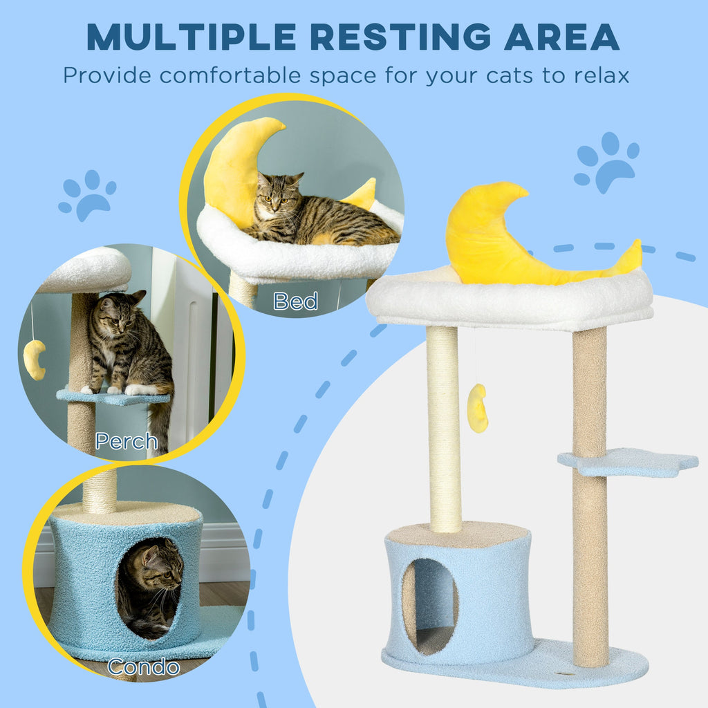 Moon Cat Tower for Indoor Cats with Teddy Fleece House Bed Scratching Post Hanging Toy Star Platform 41" Blue