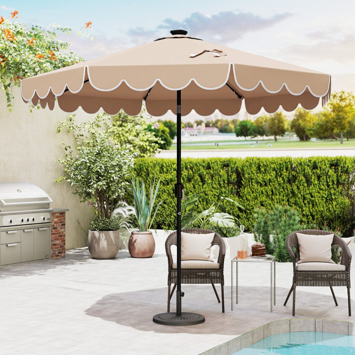 9.3 Feet Solar Patio Umbrella with 24 LED Lights Vented Top and Ruffles-Beige