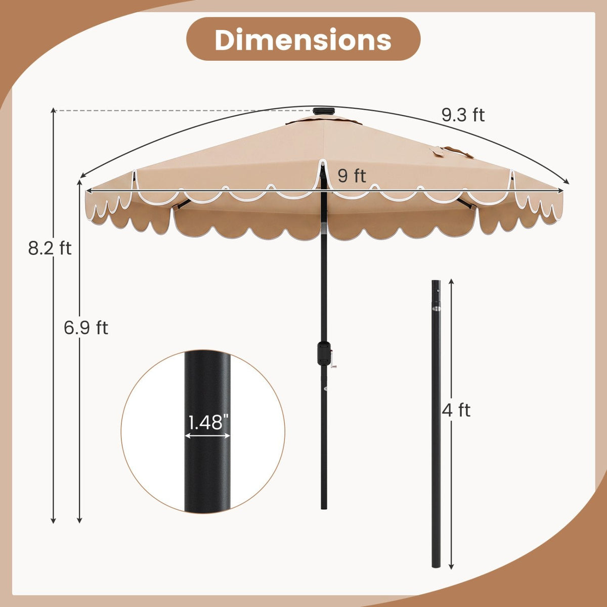 9.3 Feet Solar Patio Umbrella with 24 LED Lights Vented Top and Ruffles-Beige