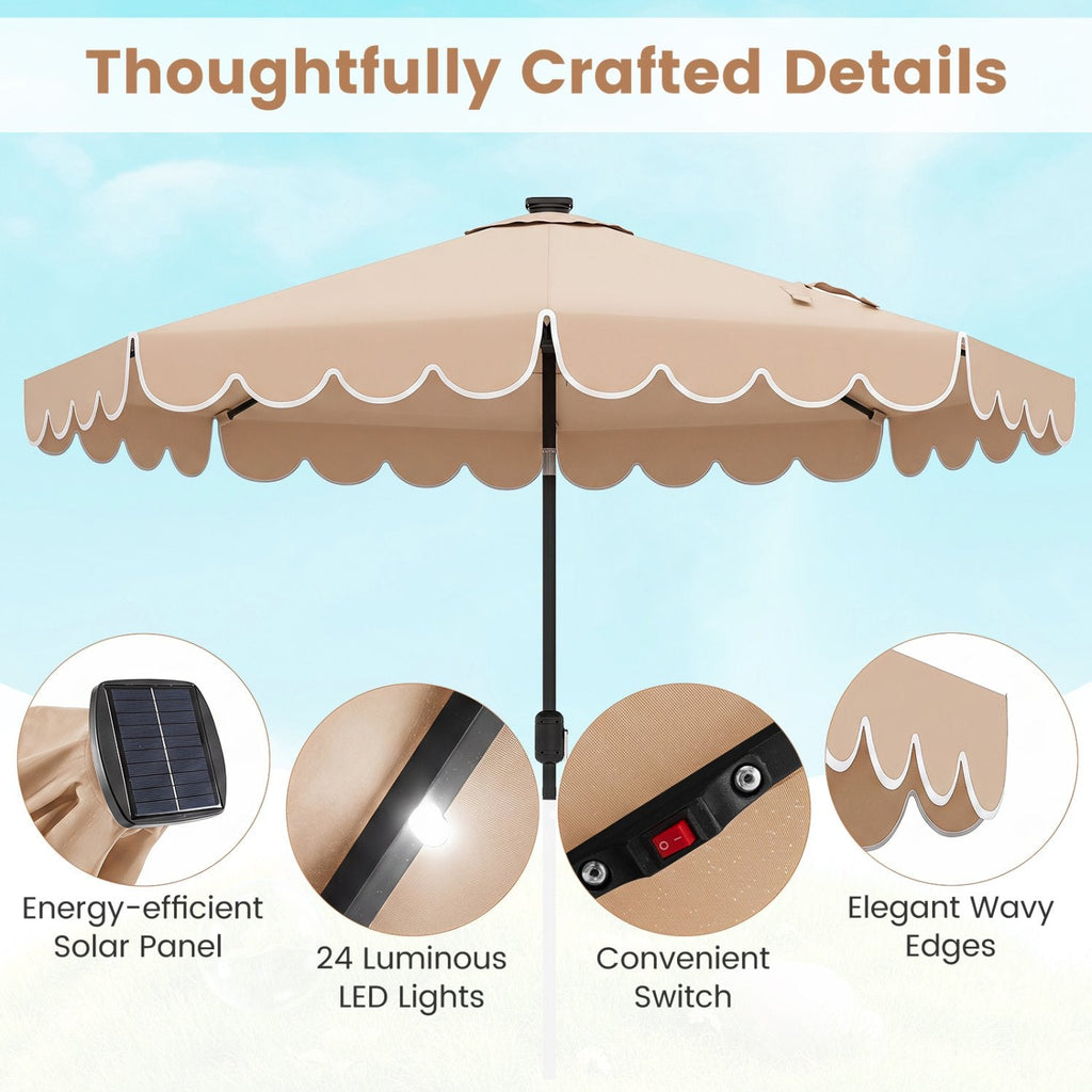 9.3 Feet Solar Patio Umbrella with 24 LED Lights Vented Top and Ruffles-Beige