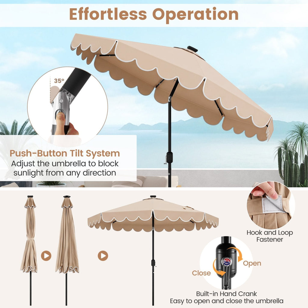 9.3 Feet Solar Patio Umbrella with 24 LED Lights Vented Top and Ruffles-Beige