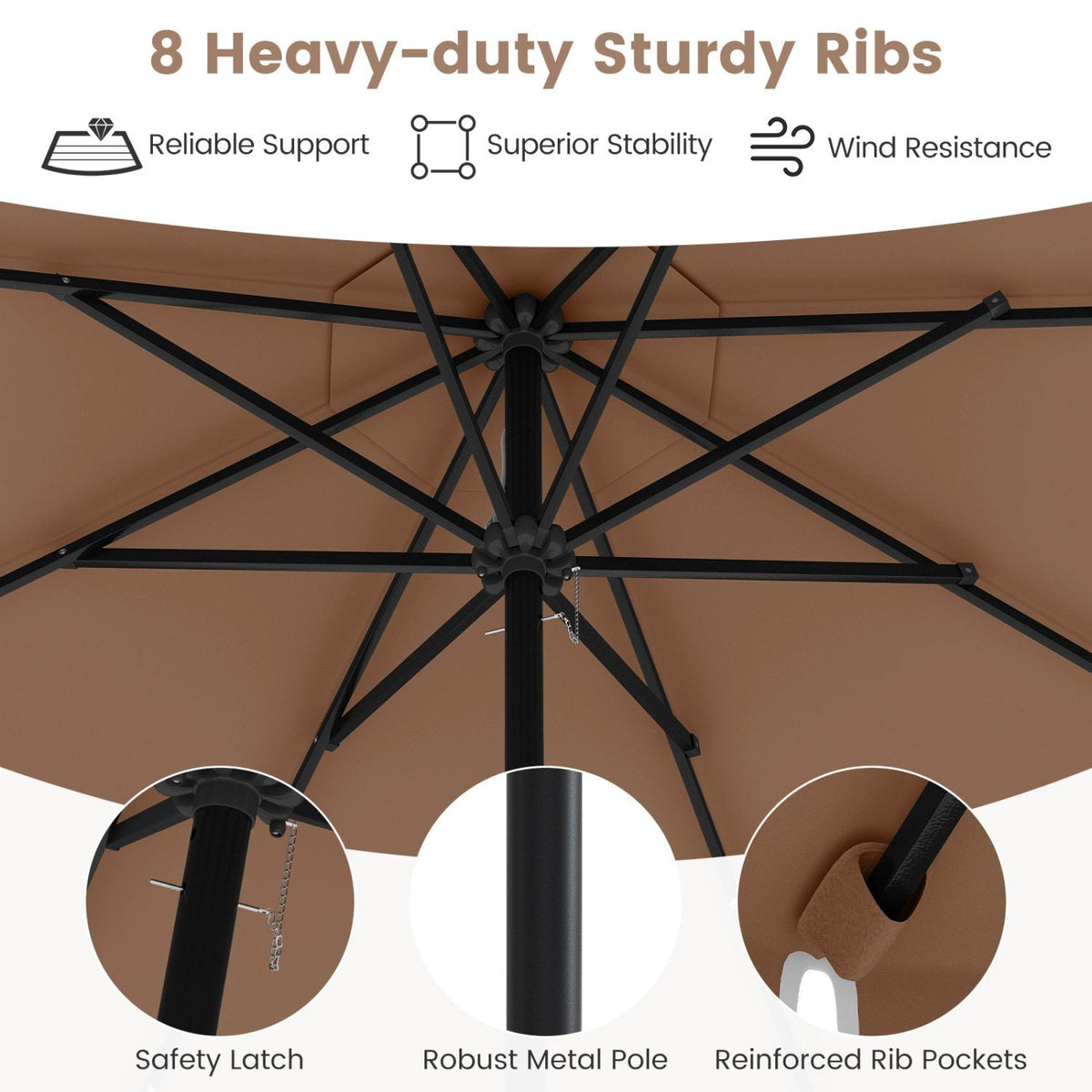 9.3 Feet Solar Patio Umbrella with 24 LED Lights Vented Top and Ruffles-Coffee