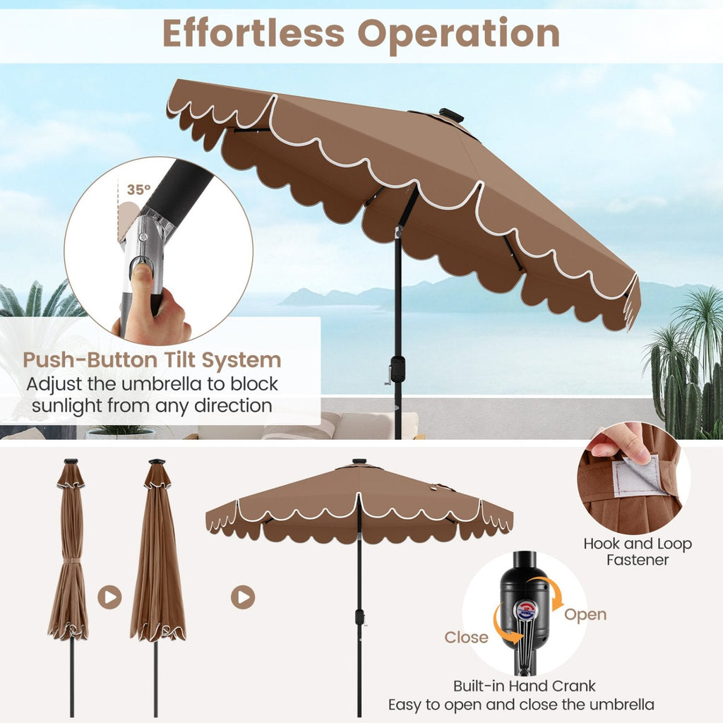 9.3 Feet Solar Patio Umbrella with 24 LED Lights Vented Top and Ruffles-Coffee