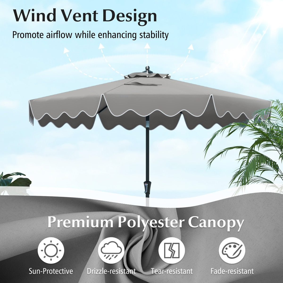 9 Feet Patio Umbrella with Crank Handle and Push Button Tilt-Gray