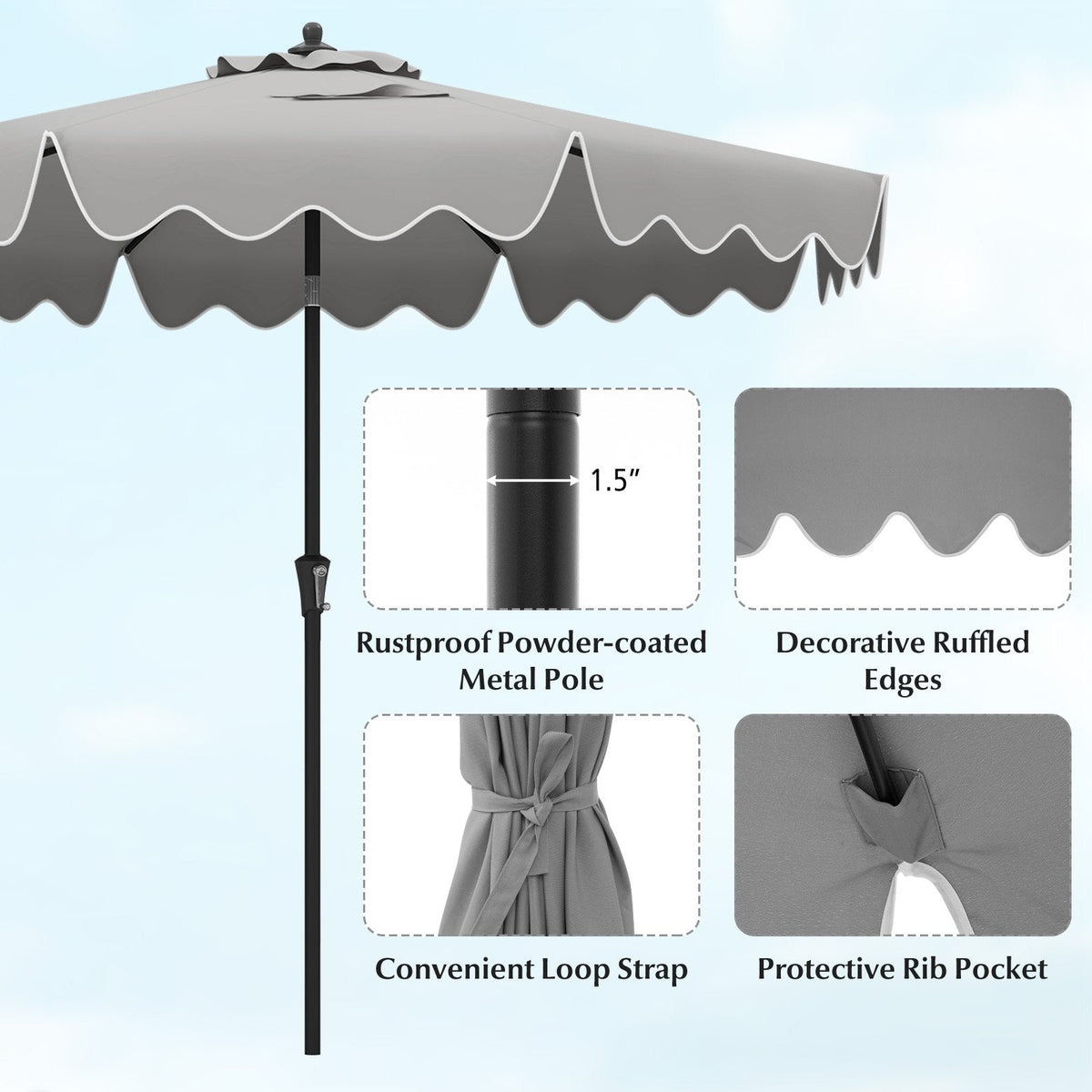 9 Feet Patio Umbrella with Crank Handle and Push Button Tilt-Gray