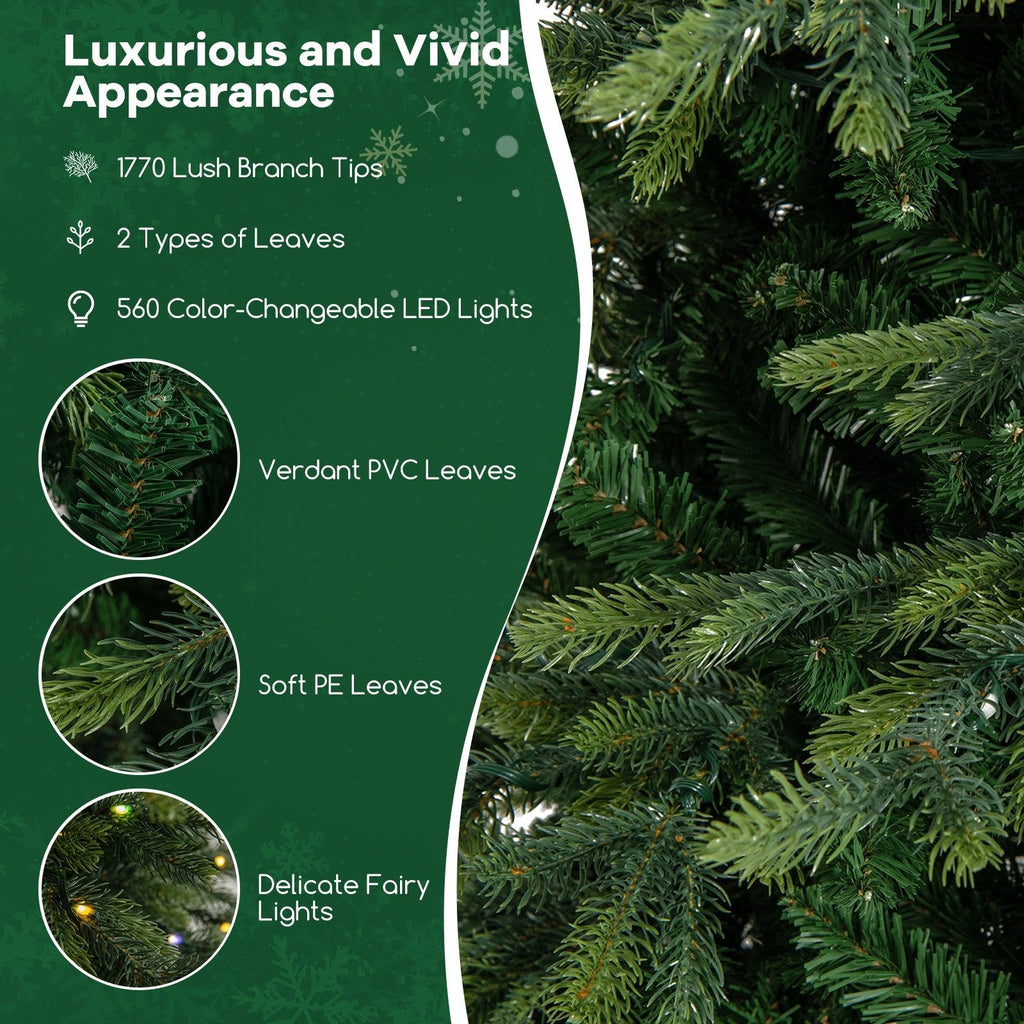 9 FT Pre-Lit Artificial Christmas Tree, 1770 PVC and PE Tips, 560 Colour Changing LEDs and Remote