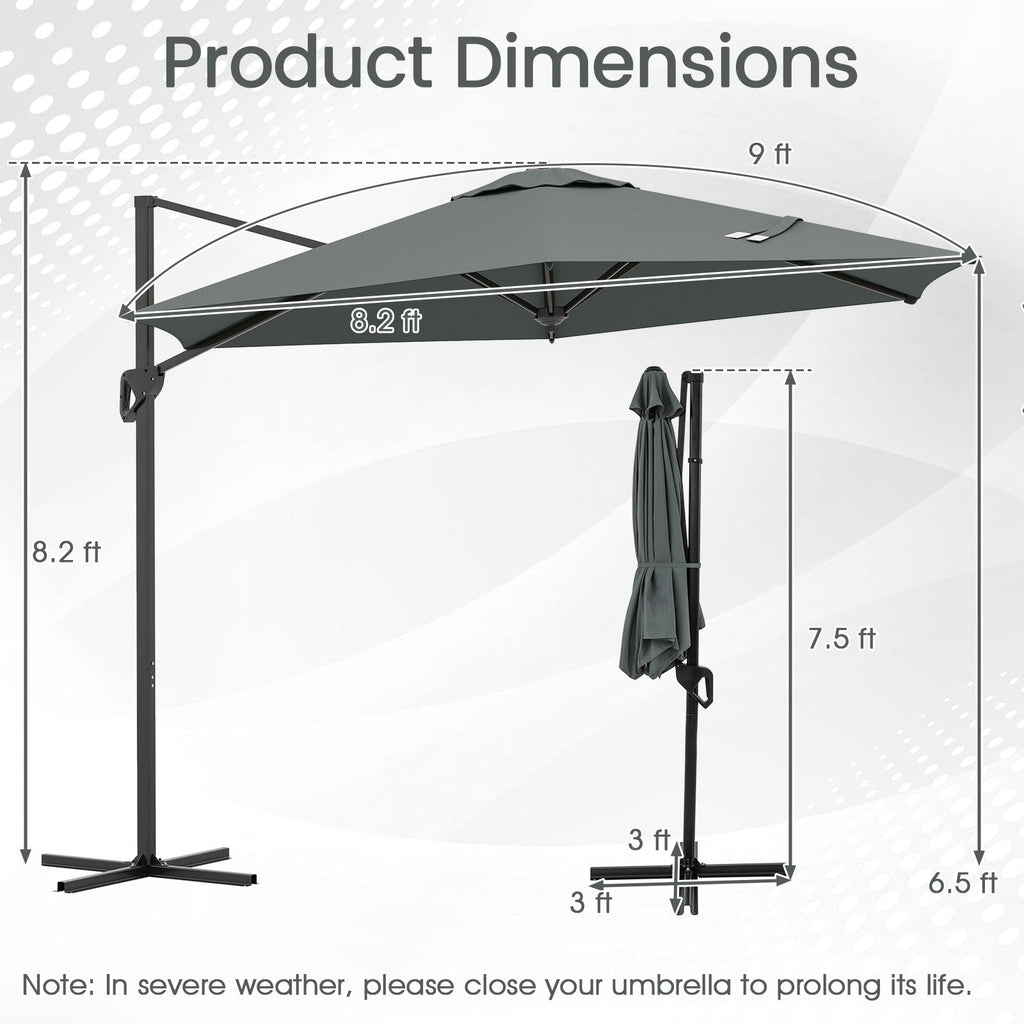 9 FT Cantilever Patio Umbrella with Vented Top and Sun-Protective Canopy-Gray
