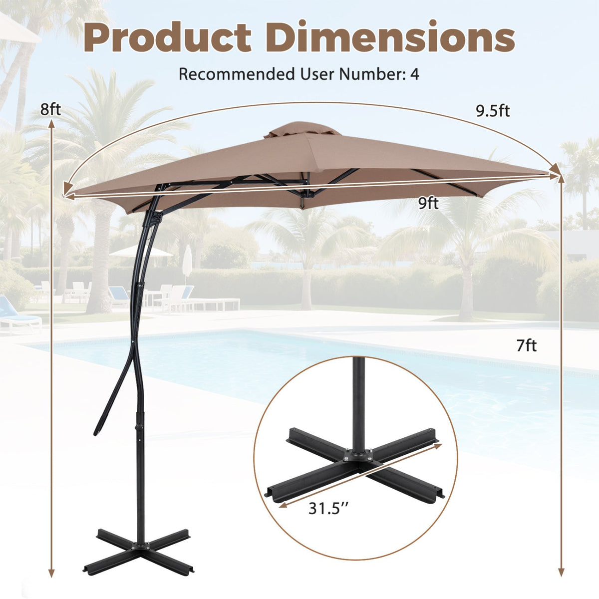 9 FT Cantilever Umbrella with Cross Base Included with Smooth Handle amd Heavy Duty Frame-Brown