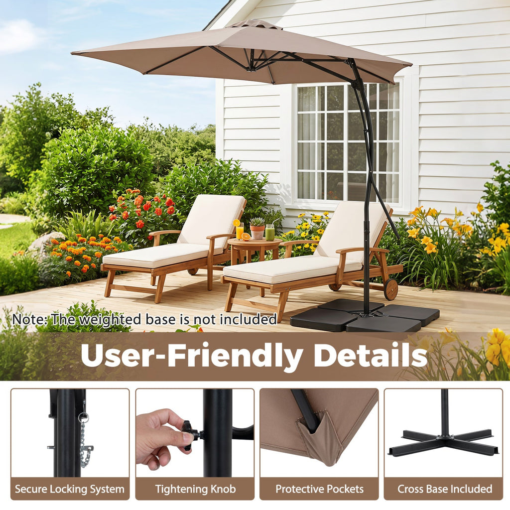 9 FT Cantilever Umbrella with Cross Base Included with Smooth Handle amd Heavy Duty Frame-Brown