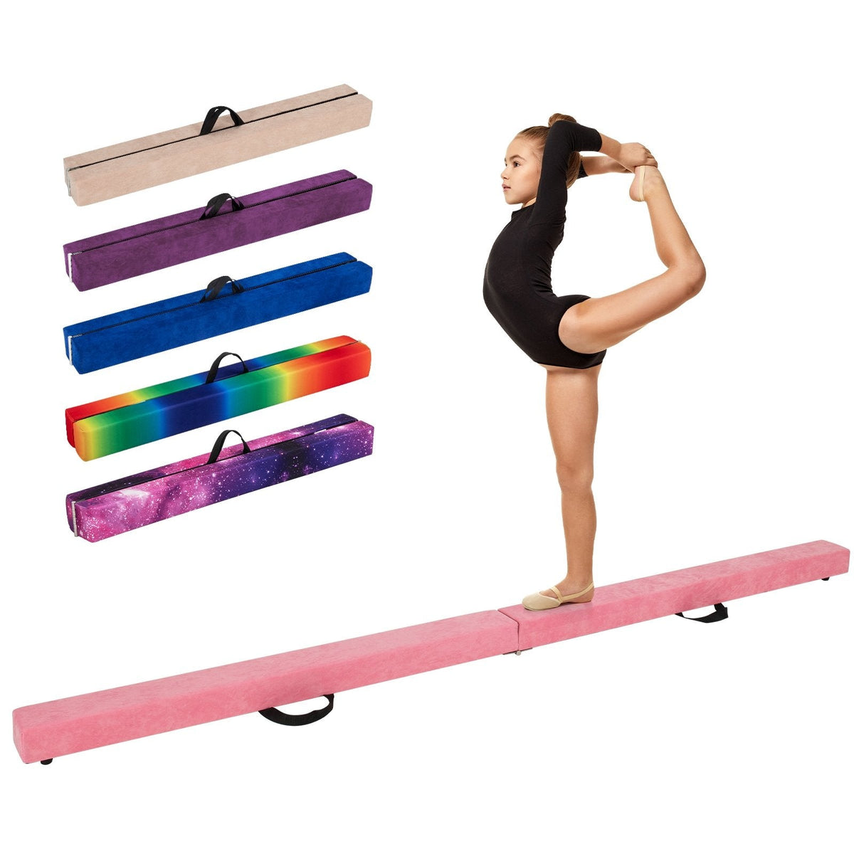 9 FT Folding Gymnastics Balance Beam with Anti-slip Base and Pine Wood Frame-Pink